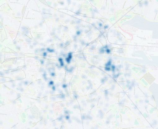 Map 1: a heatmap of the 1,222 properties available for 300 days or more on AirBnB. Data: InsideAirBnB and OSM contributors.